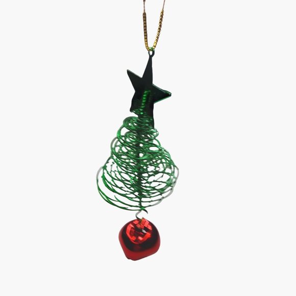 Green  Christmas Tree Ornament Red Jingle Bell Star Metal Spiral Wire - Picture 3 of 6